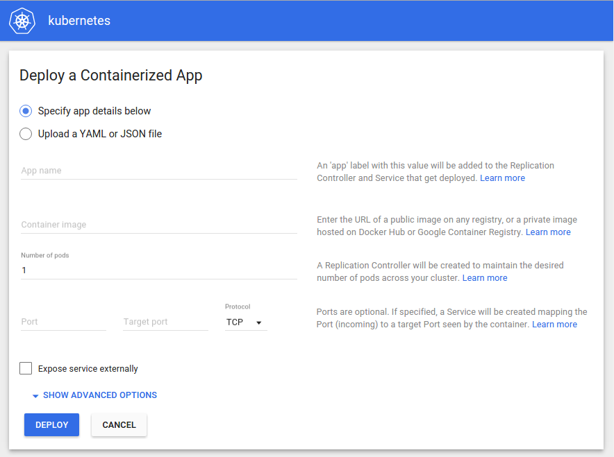 Kubernetes Dashboard deploy form